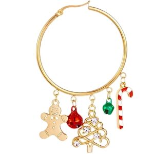 18K Gold Christmas Charm Hoop Earrings Holiday Dangle Festive Rhinestone Jewelry